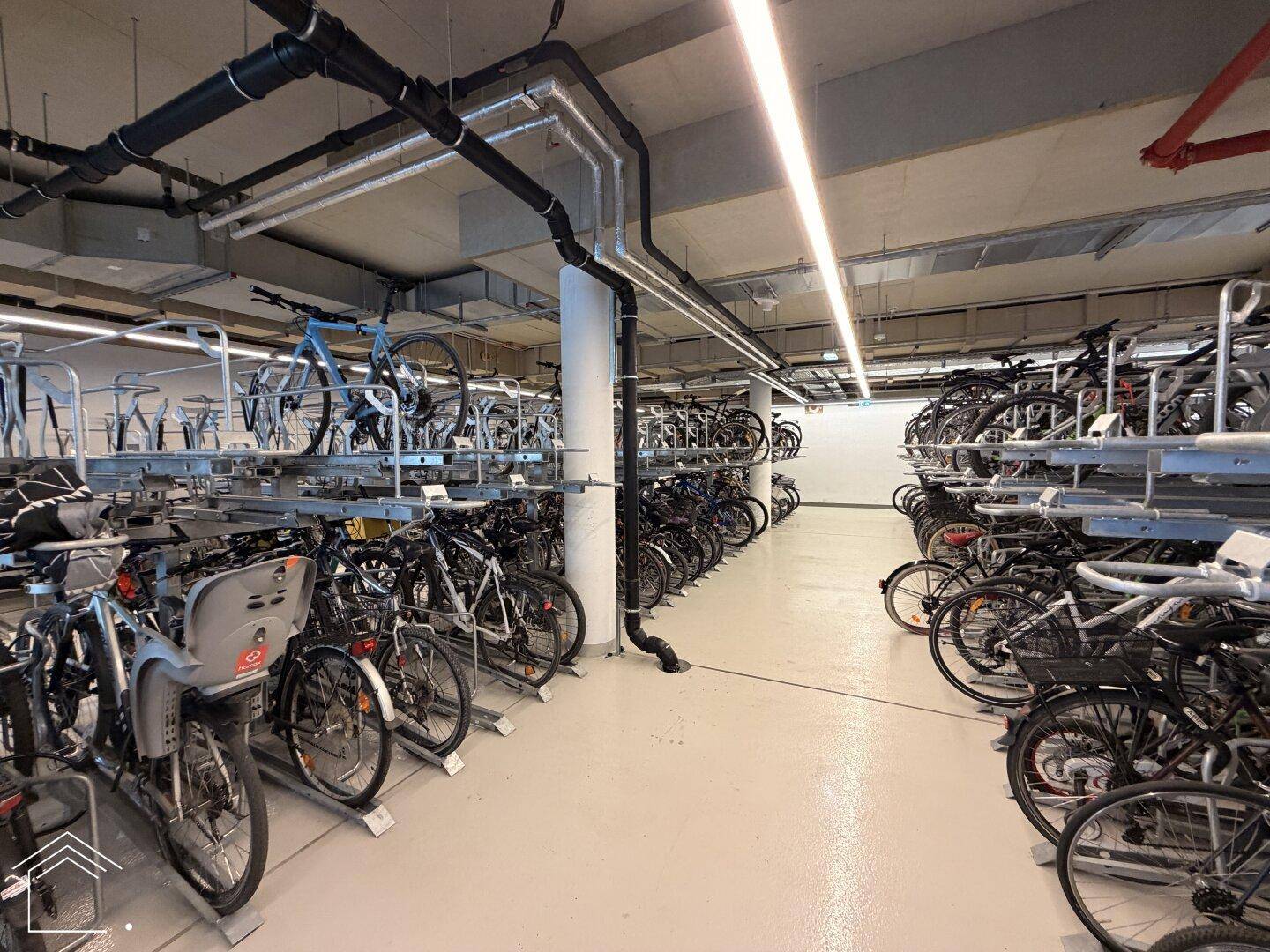 Großer Fahrradraum im Untergeschoss mit zahlreichen Abstellmöglichkeiten für Fahrräder.