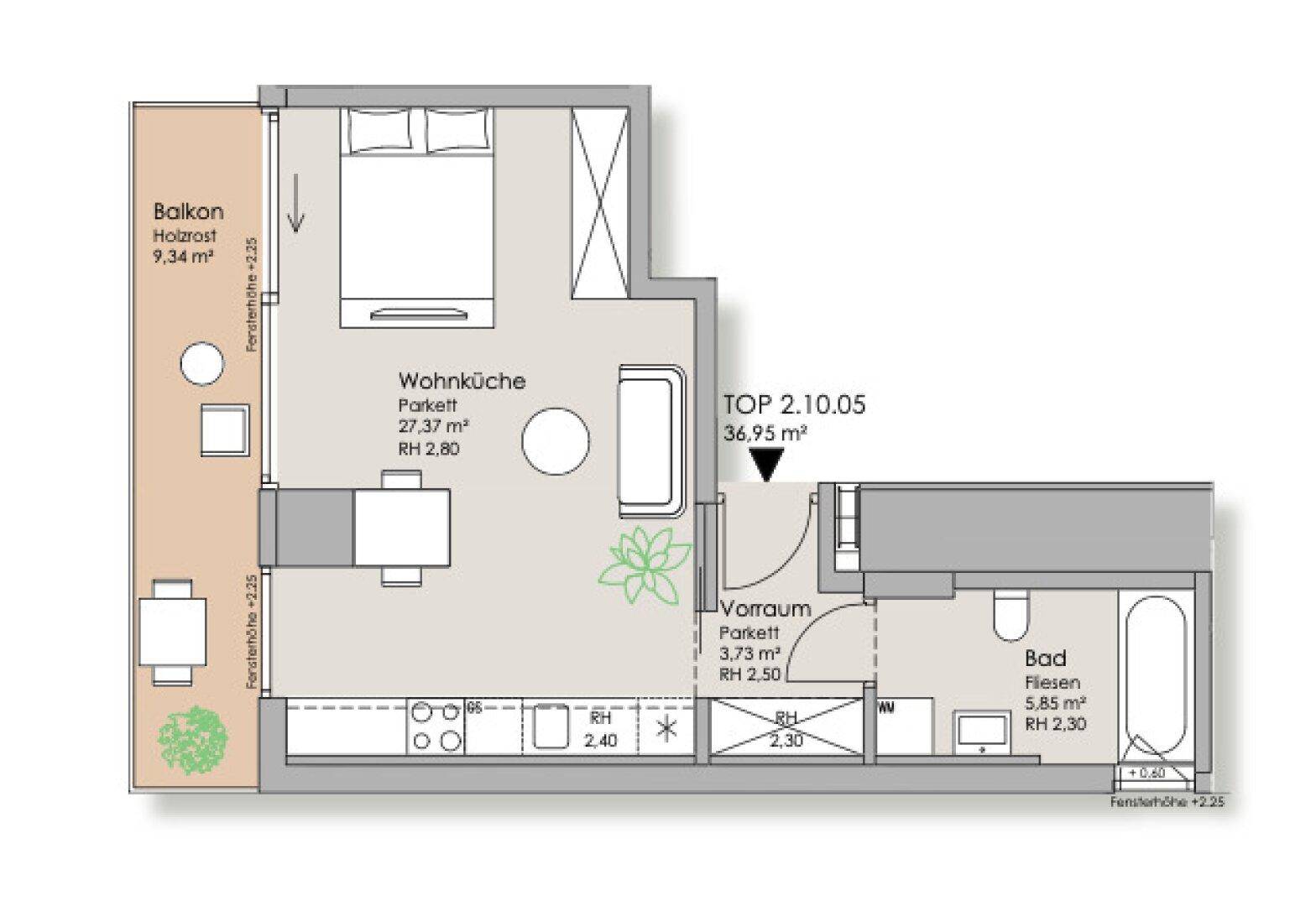 Grundriss einer Wohnung mit Wohnküche, Schlafzimmer, Bad und Balkon auf 36.95 m².
