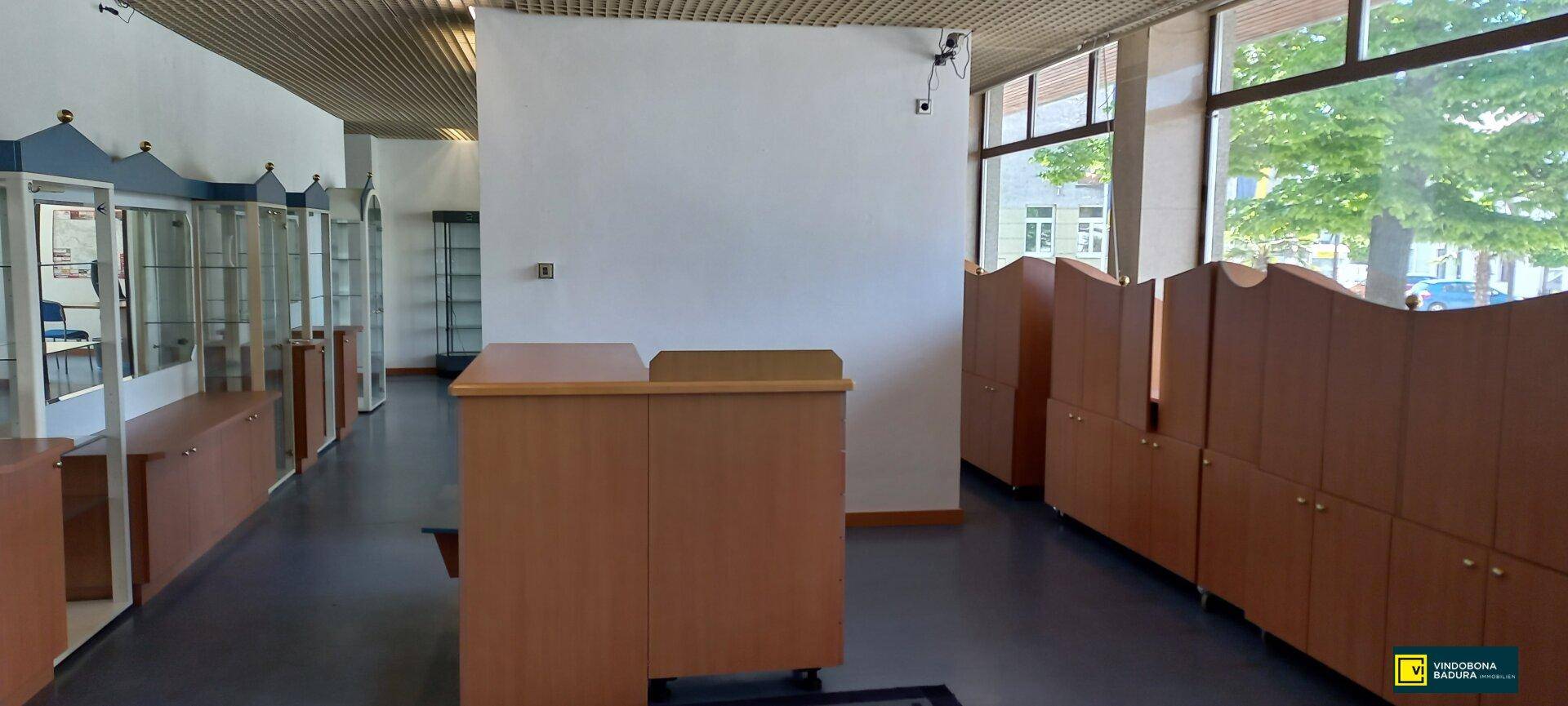 Geräumiger Ladenbereich mit zahlreichen Vitrinen und einer zentralen Theke, ideal für Präsentationen und Überwachung.