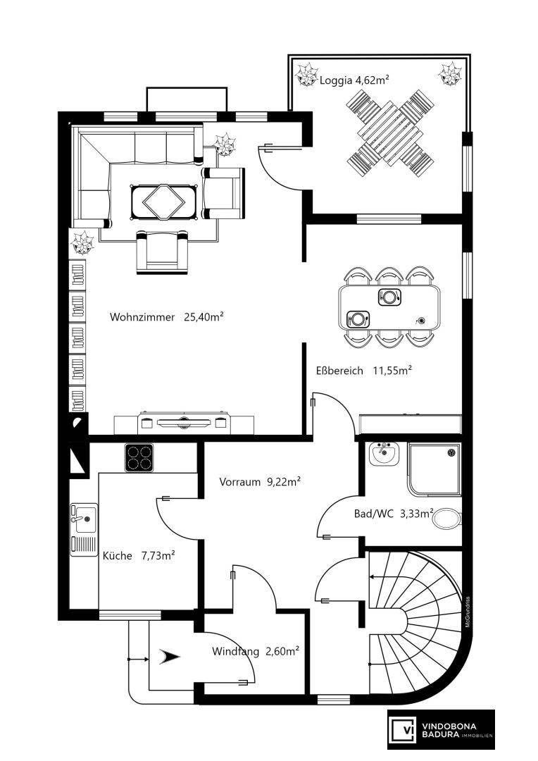 Grundriss des Erdgeschosses mit offenem Wohn-Essbereich, Küche und Loggia.