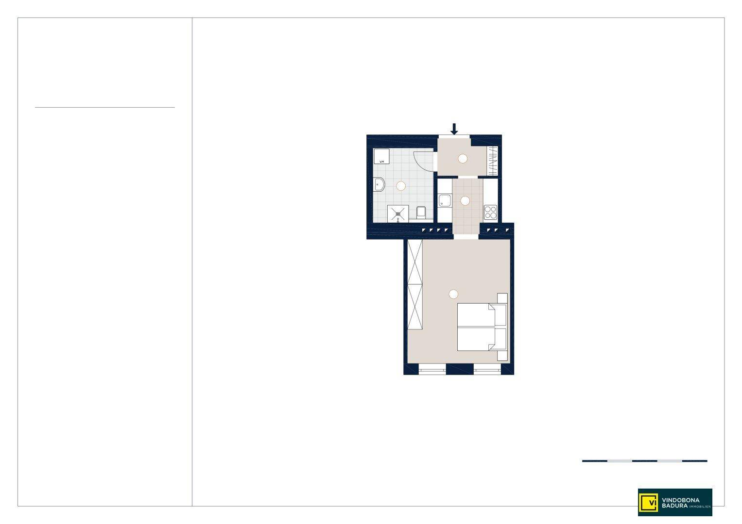 Grundriss einer kleinen Wohnung mit Schlafzimmer, Bad und separatem WC.