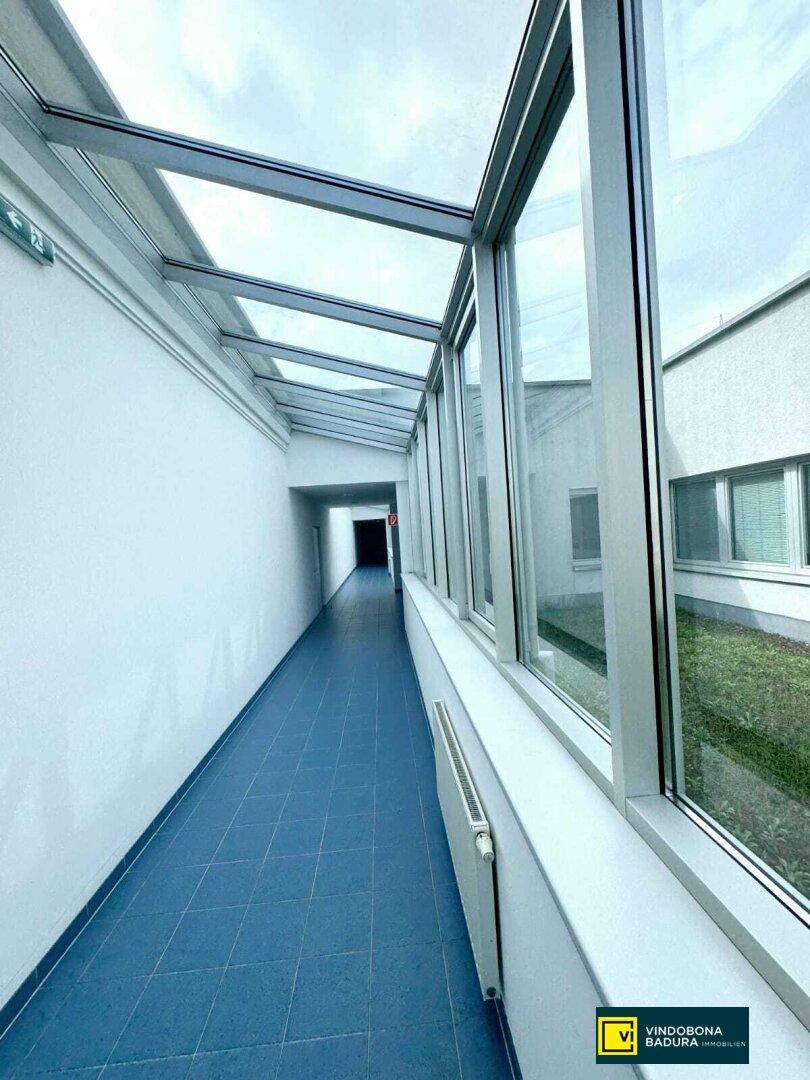 Heller Flur mit blauen Fliesen, Glasdach und großen Fenstern, die viel Tageslicht hereinlassen.