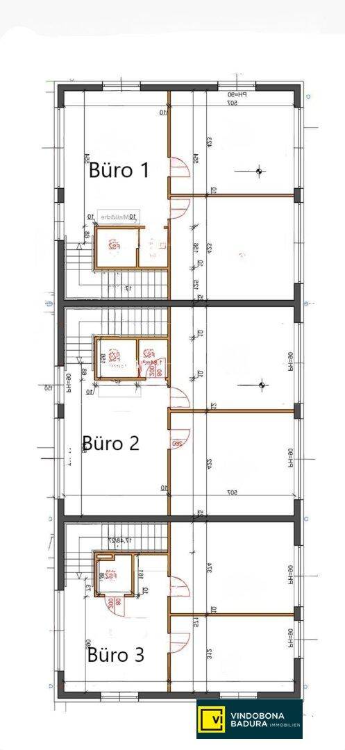 Grundriss der oberen Etagen mit drei Bürobereichen und Treppenhaus.
