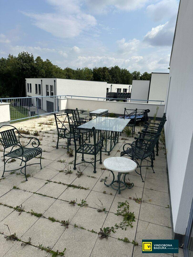 Große Dachterrasse mit Gartenmöbeln und Blick auf die umliegenden Gebäude und Bäume.