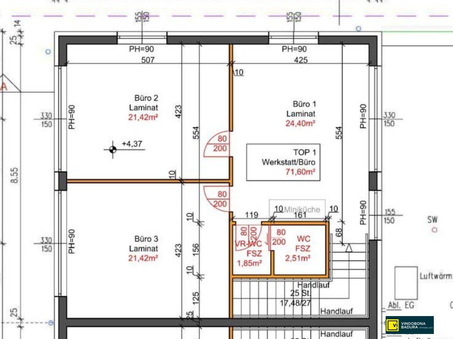 Ausschnitt eines Grundrisses mit Büros und einer Werkstatt-/Büroeinheit inklusive Maßen.