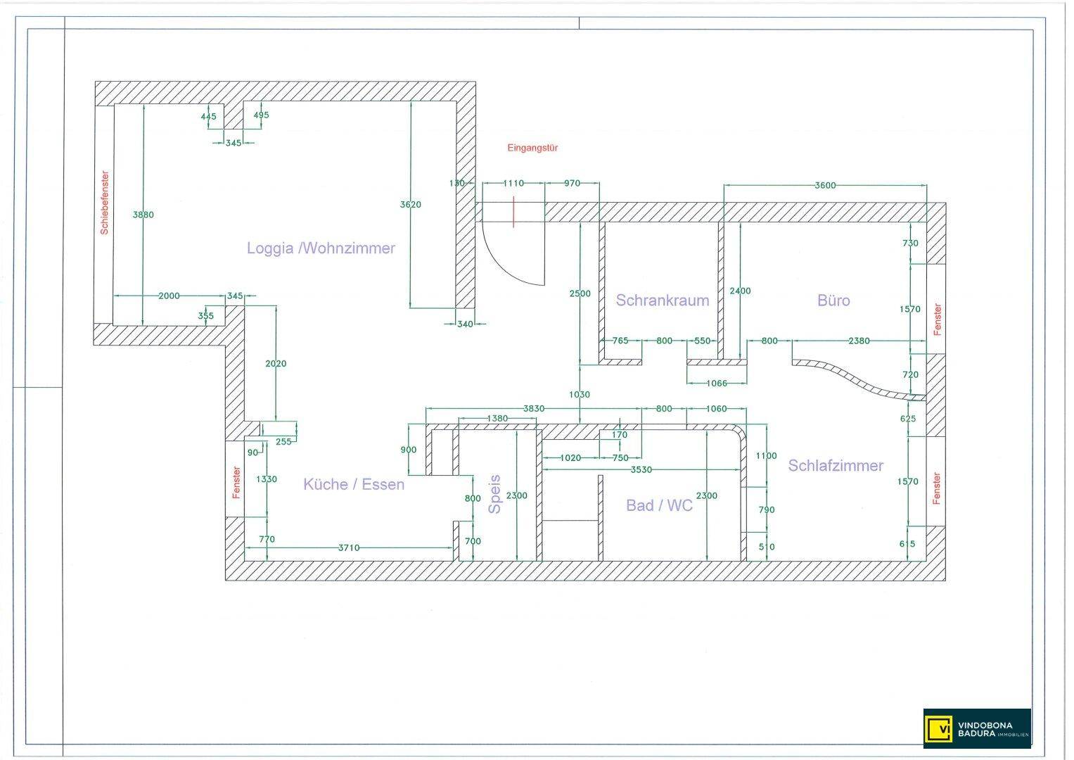 Grundriss einer Wohnung mit Loggia, offenem Wohnbereich, Küche mit Essbereich, Schlafzimmer und Büro.