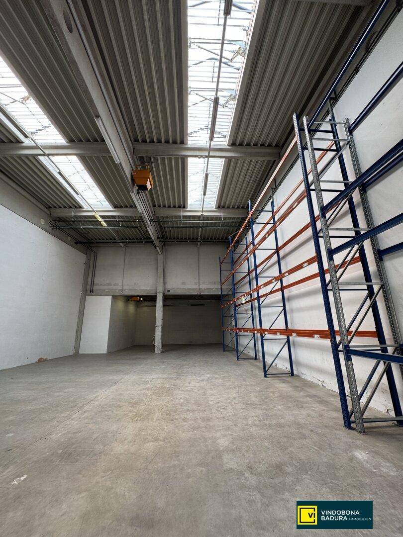 Weitläufige Lagerhalle mit hohen Regalsystemen, Betonboden und Oberlichtern für Tageslicht.