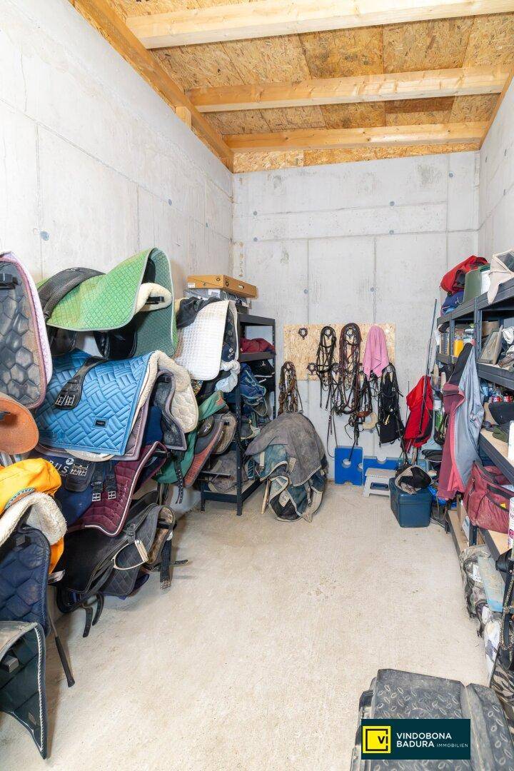 Sattelkammer mit zahlreichen Sätteln, Zaumzeug und Regalen für Reitausrüstung.