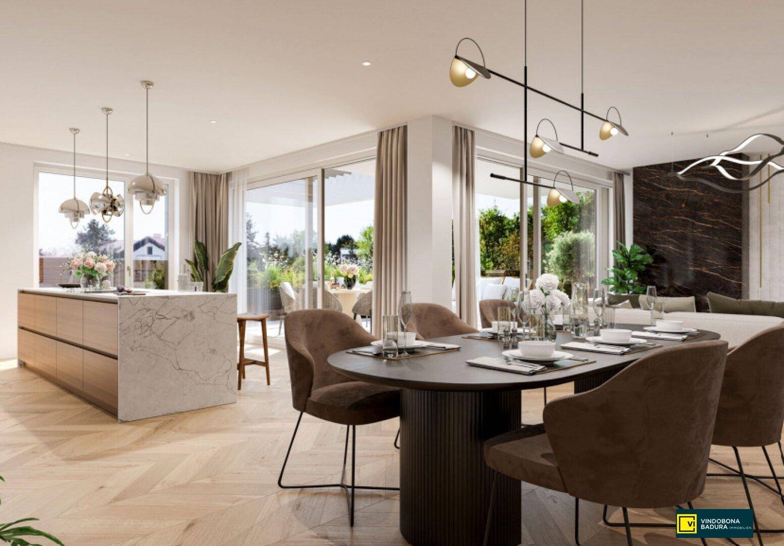 Eleganter offener Wohn- und Essbereich mit Fischgrätparkett, moderner Küche und Zugang zum Balkon.