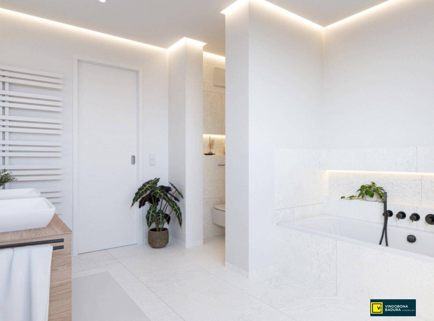 Modernes Badezimmer mit Badewanne, weißen Fliesen und indirekter Beleuchtung.