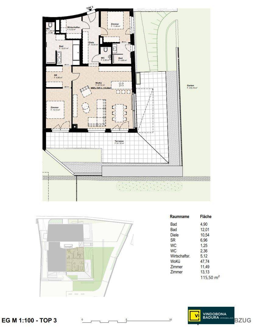 Grundriss des Erdgeschosses mit Terrasse, Garten und offenem Wohnbereich.