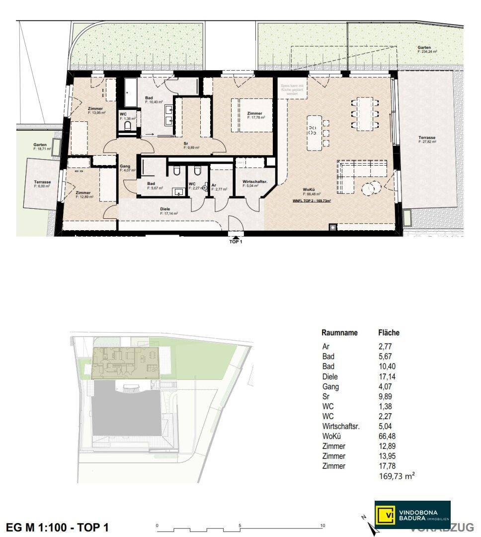 Grundriss einer Erdgeschosswohnung mit drei Zimmern, offener Küche und Terrassenzugang.