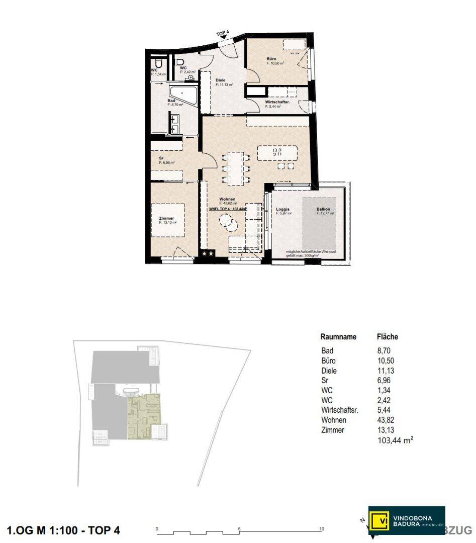 Grundriss des ersten Obergeschosses mit Wohnbereich, Loggia und Balkon.