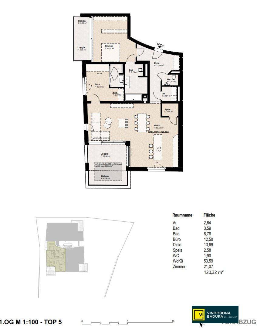 Grundriss einer Wohnung im ersten Obergeschoss mit Loggia und Balkon.