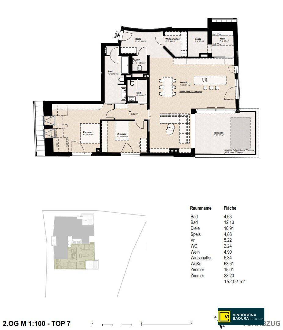 Detaillierter Grundriss der Wohnung Top 7 im zweiten Obergeschoss mit Terrasse und zwei Bädern.
