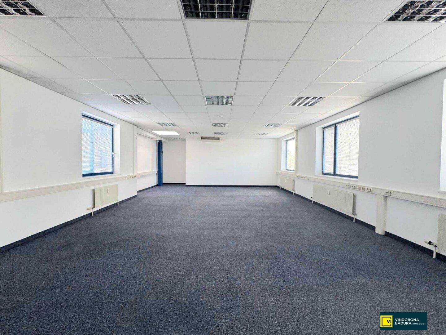 Geräumiges Büro mit Teppichboden, weißen Wänden und mehreren Fenstern für viel Tageslicht.
