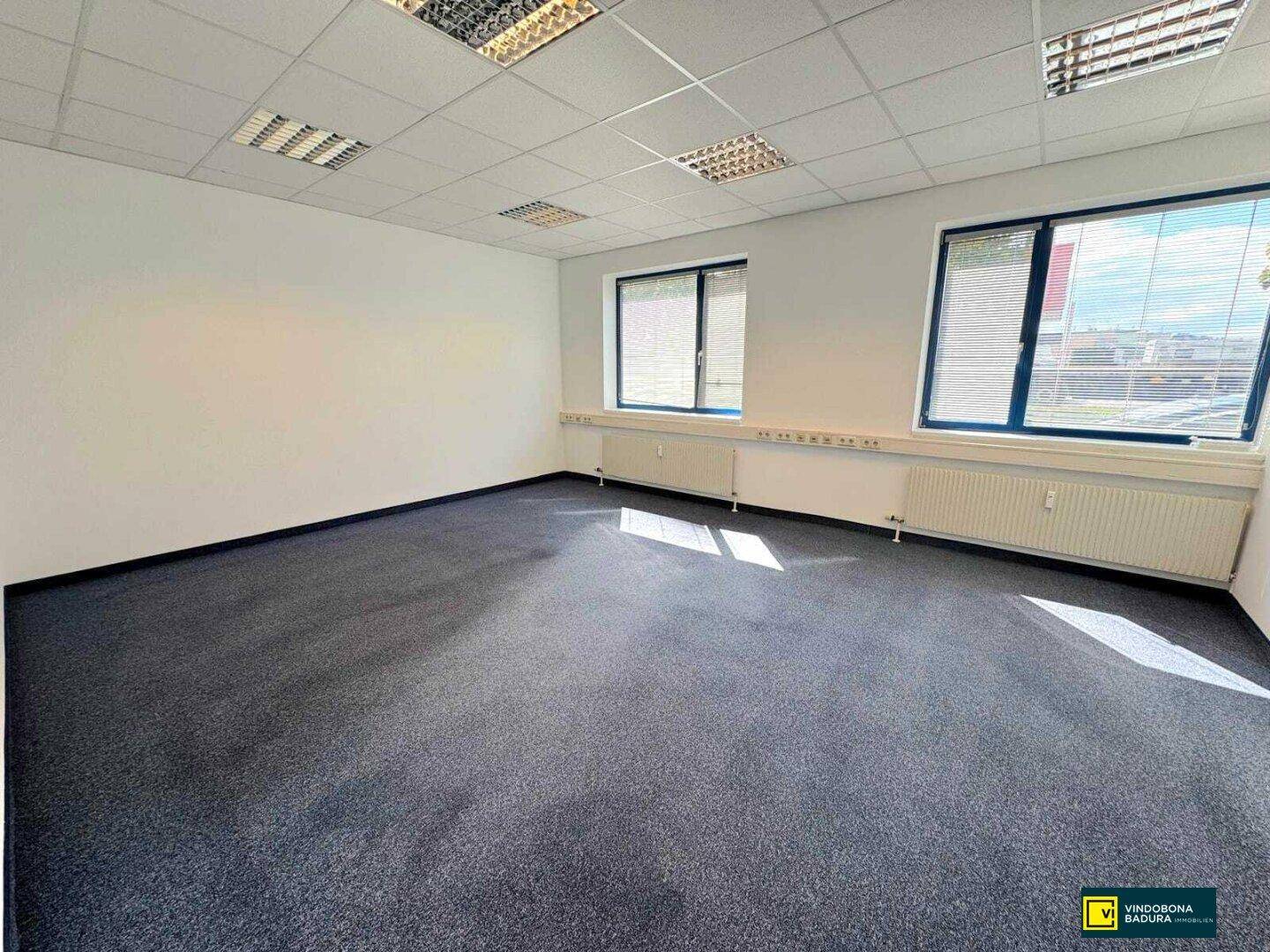 Helles Büro mit Teppichboden, weißen Wänden und Jalousien an den Fenstern.