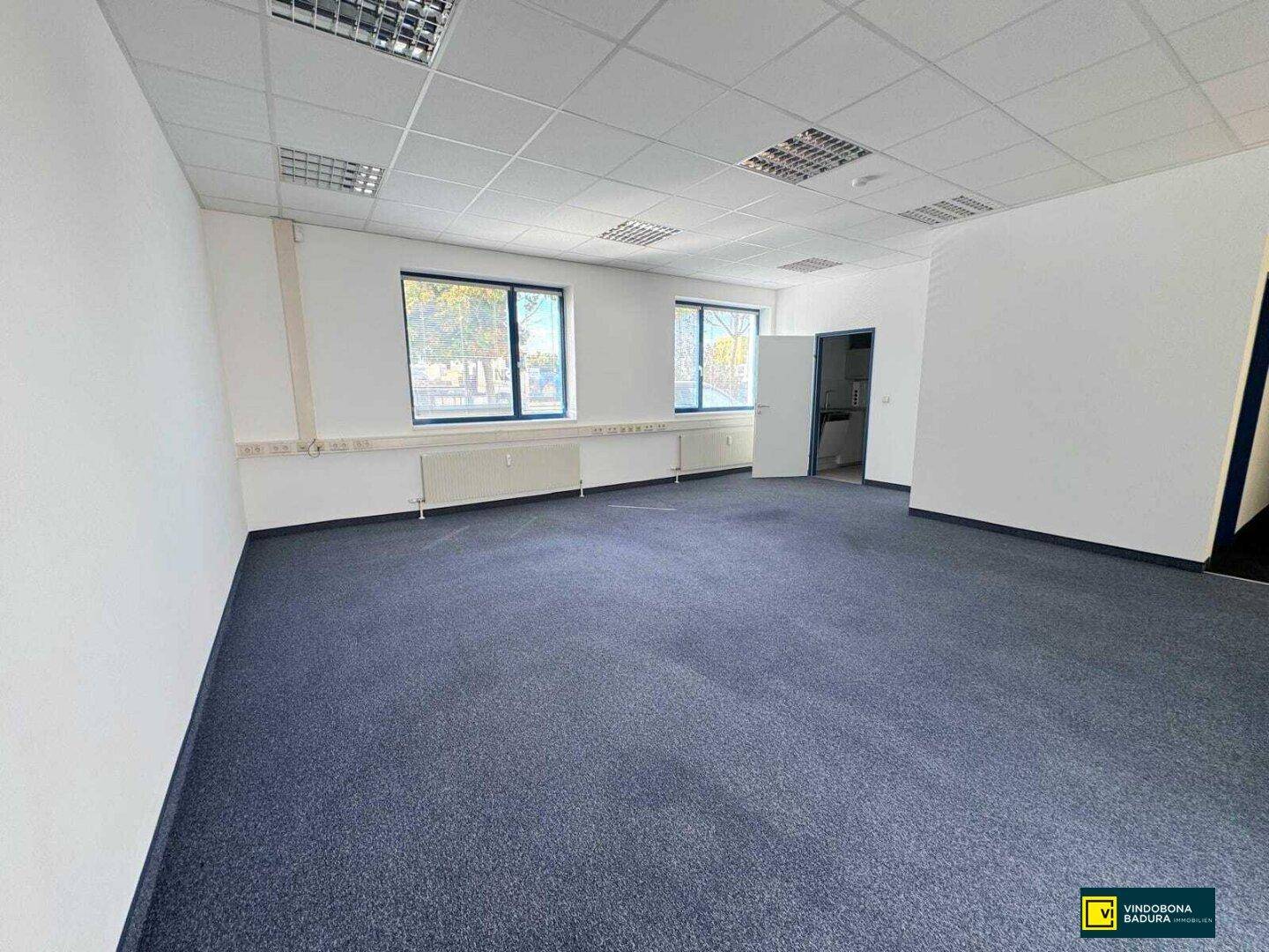 Geräumiges Büro mit Teppichboden, weißen Wänden und Blick nach draußen.