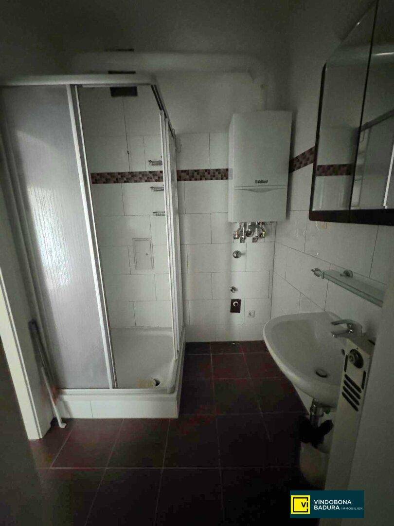Kleines Badezimmer mit Duschkabine, Waschbecken und Wandfliesen in Weiß und Rot.