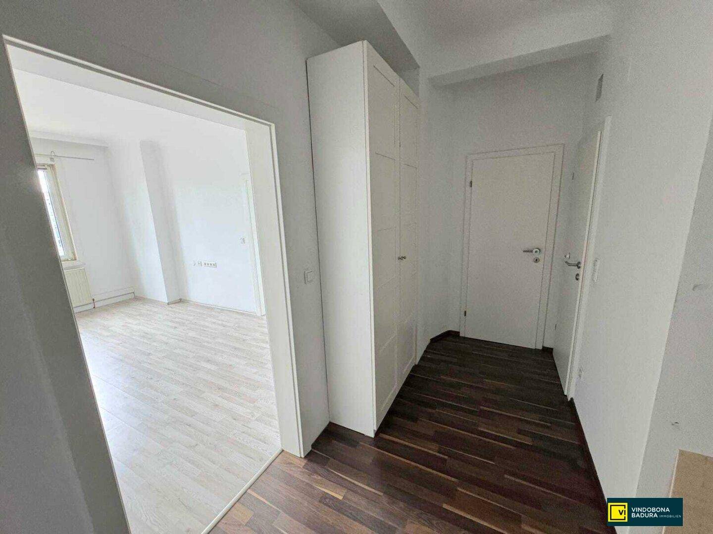 Heller Eingangsbereich mit dunklem Parkettboden und einem weißen Einbauschrank.