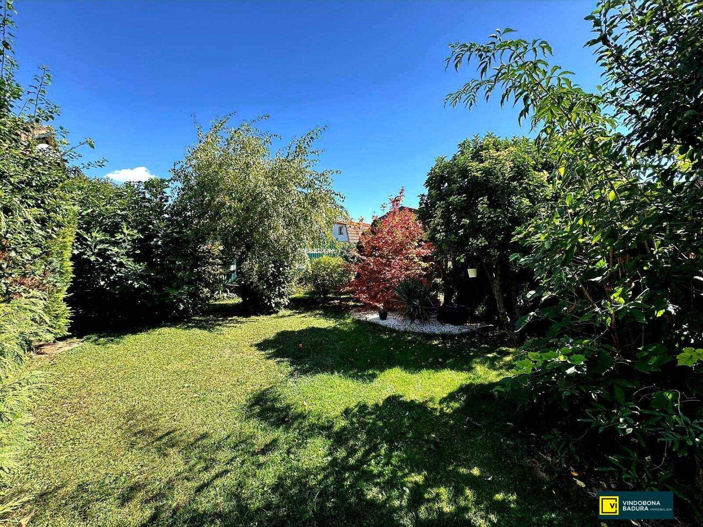 Weitläufiger Garten mit Rasenfläche und üppiger Bepflanzung an einem sonnigen Sommertag.