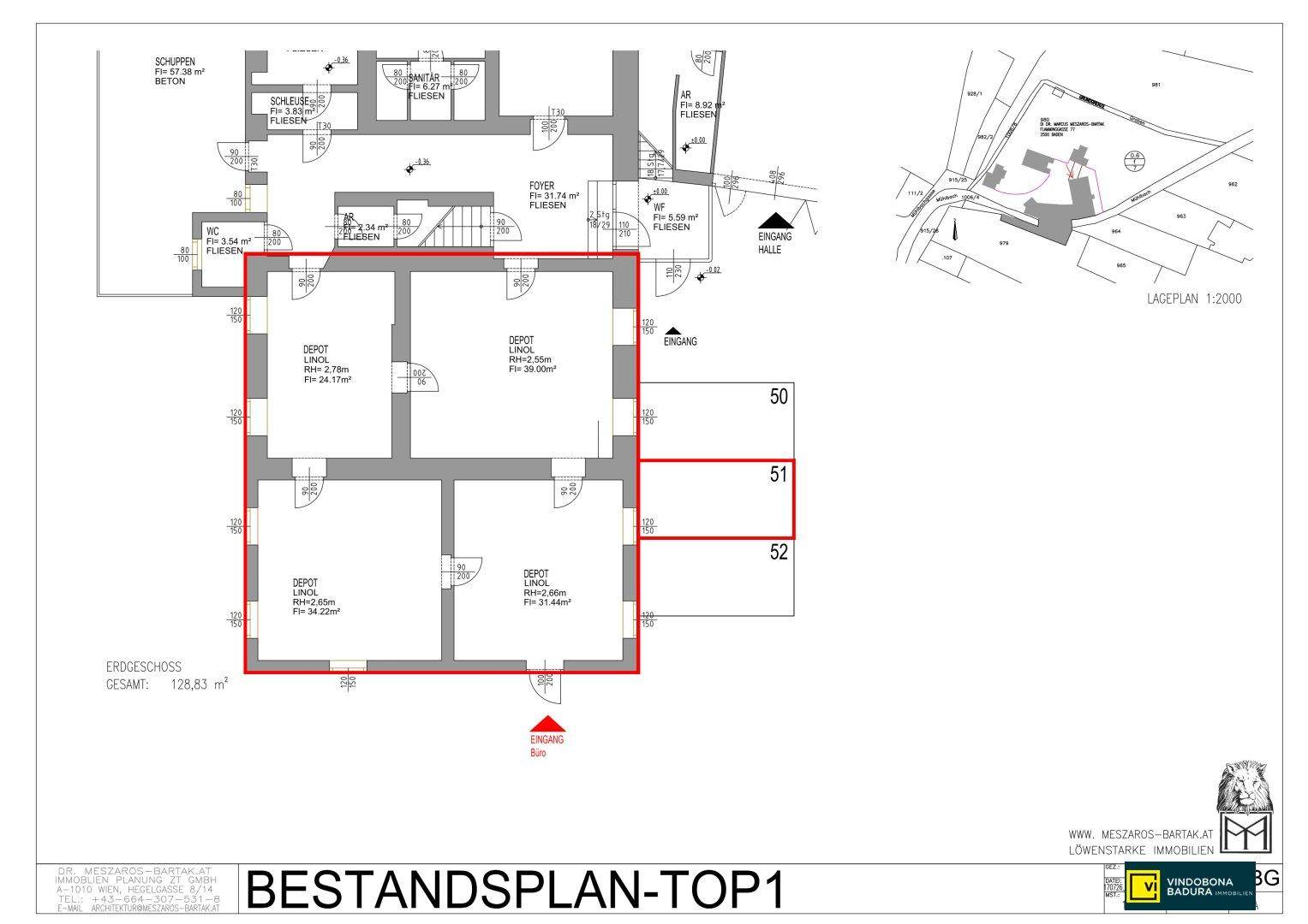 Detaillierter Bestandsplan mit Raumaufteilung und Gesamtfläche von 128,83 m².