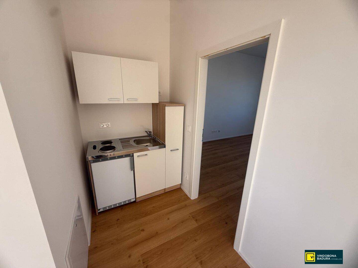 Kleine, funktionale Küchenzeile mit Spüle, Kochfeld und Kühlschrank in einem separaten Bereich.