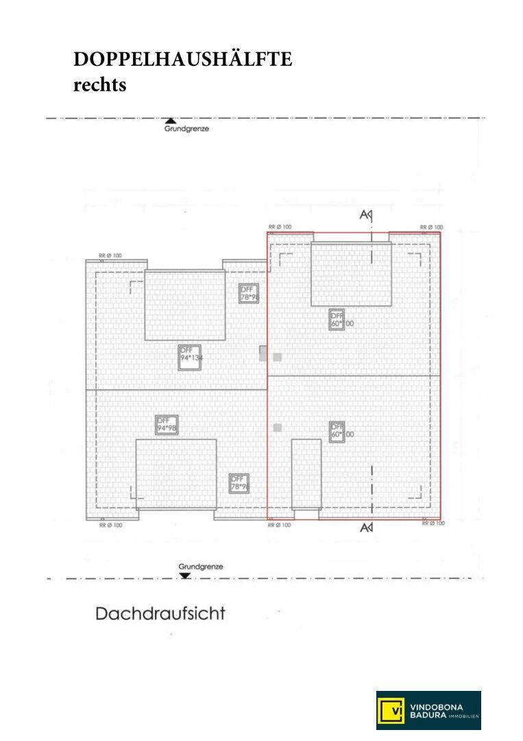 Dachaufsicht eines Doppelhauses, die die Struktur der Dachflächen und die Aufteilung der Haushälften zeigt.