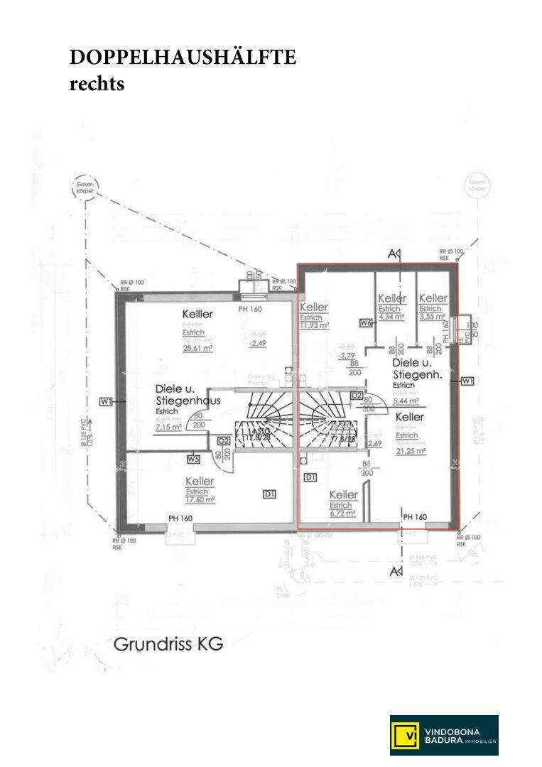 Grundriss des Kellergeschosses einer Doppelhaushälfte mit mehreren Kellerräumen und Treppenhaus.
