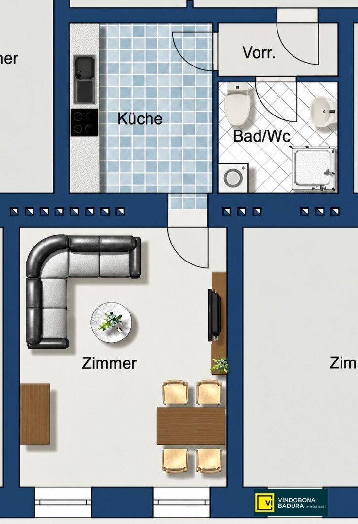 Detaillierter Grundriss einer Wohnung mit Küche, Bad/WC und Zimmern.