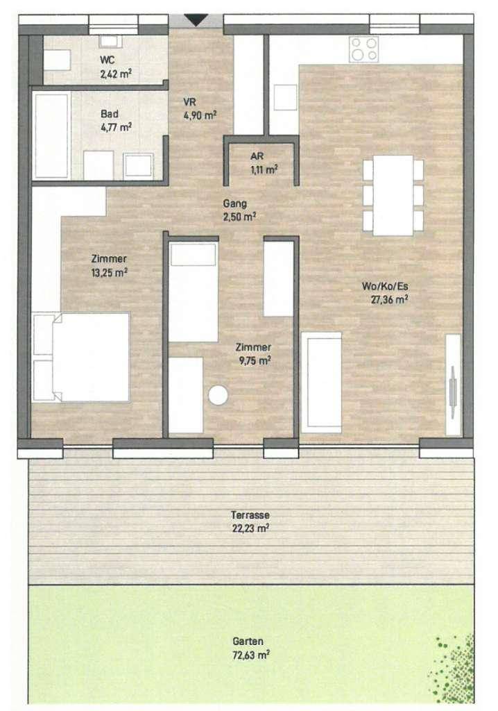 Detaillierter Grundriss einer Wohnung mit offenem Wohnbereich, zwei Zimmern, Bad, WC, Terrasse und Garten.