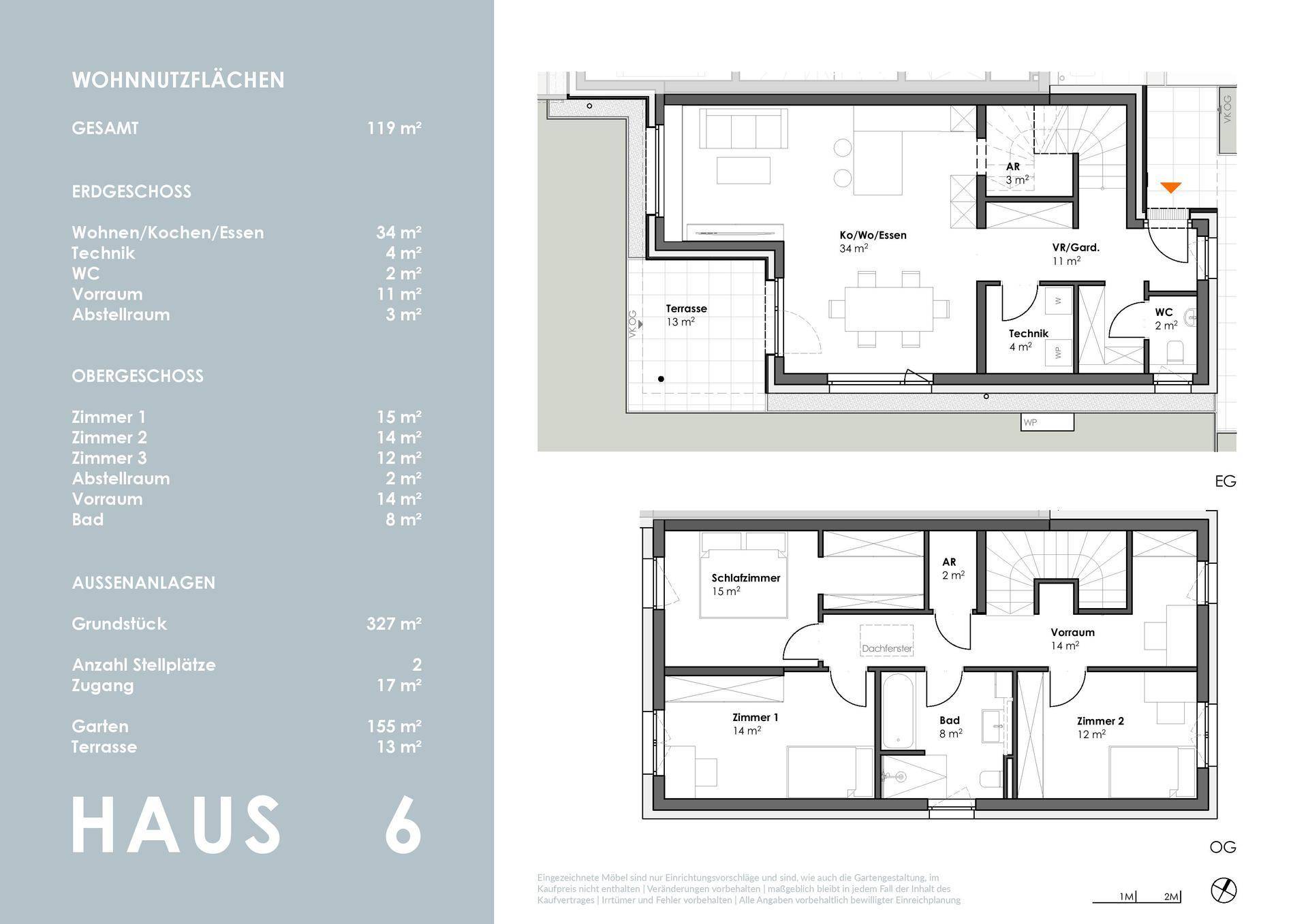 Detaillierter Grundriss von Haus 6 mit Erdgeschoss und Obergeschoss, inklusive Flächenangaben.