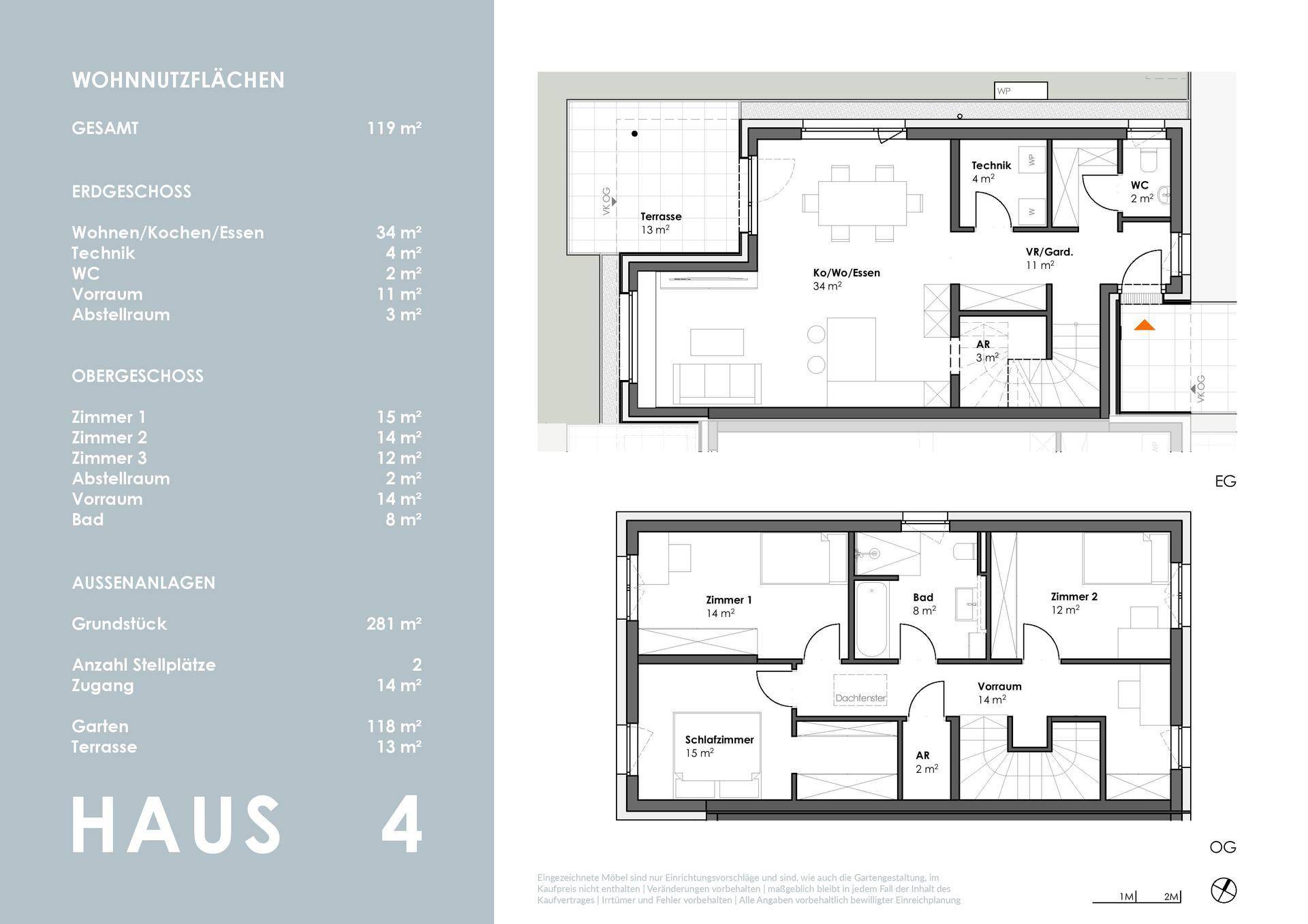 Grundriss von Haus 4 mit Erdgeschoss und Obergeschoss, inklusive Terrasse und Garten.