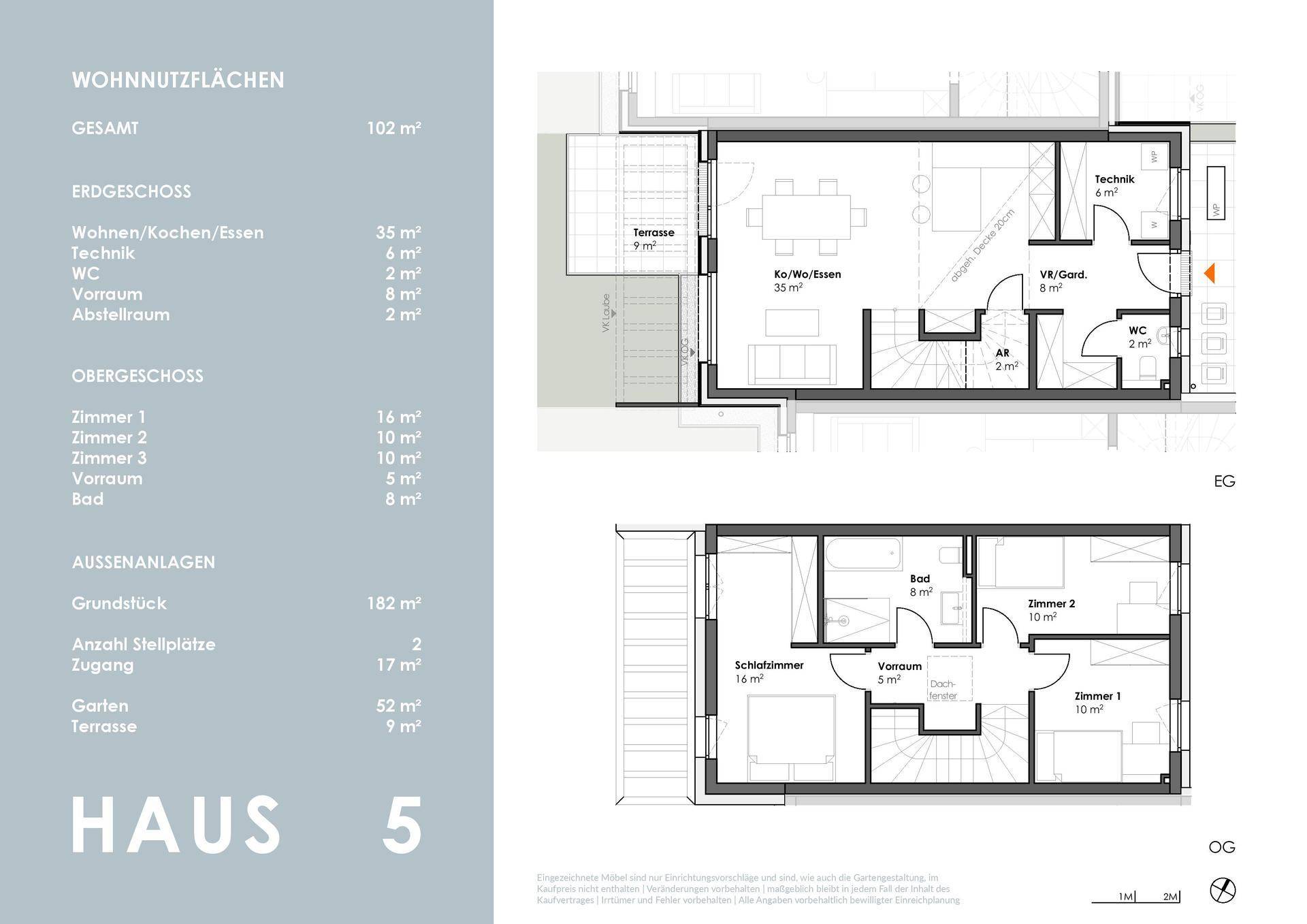 Grundriss von Haus 5 mit Erdgeschoss und Obergeschoss, inklusive Wohnnutzflächen und Außenanlagen.