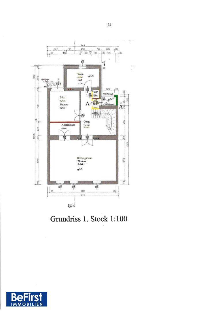 Grundriss des ersten Stocks mit Zimmern, Abstellraum und Bad.