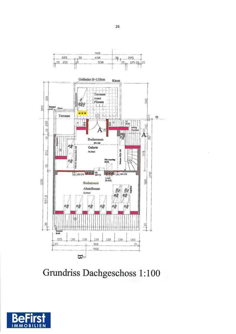 Grundriss des Dachgeschosses mit Galerie, Abstellraum und Terrassen.
