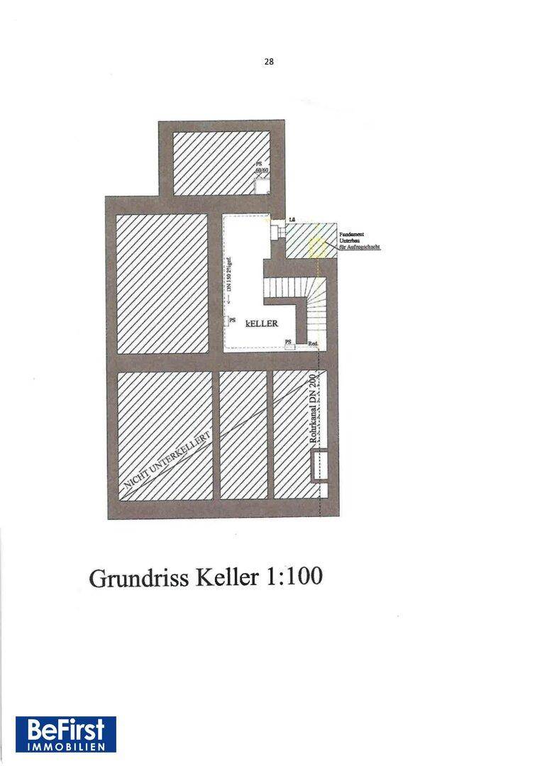 Grundriss des Kellers mit unterkellerten und nicht unterkellerten Bereichen.