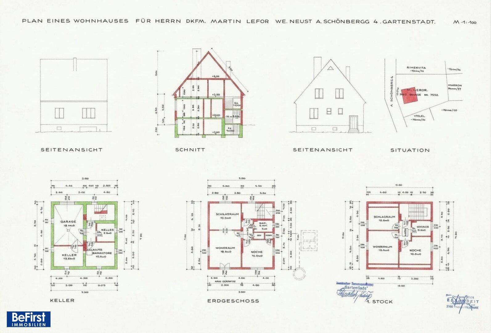 Detaillierter Grundrissplan eines Wohnhauses mit Keller, Erdgeschoss und Obergeschoss sowie Seitenansichten.