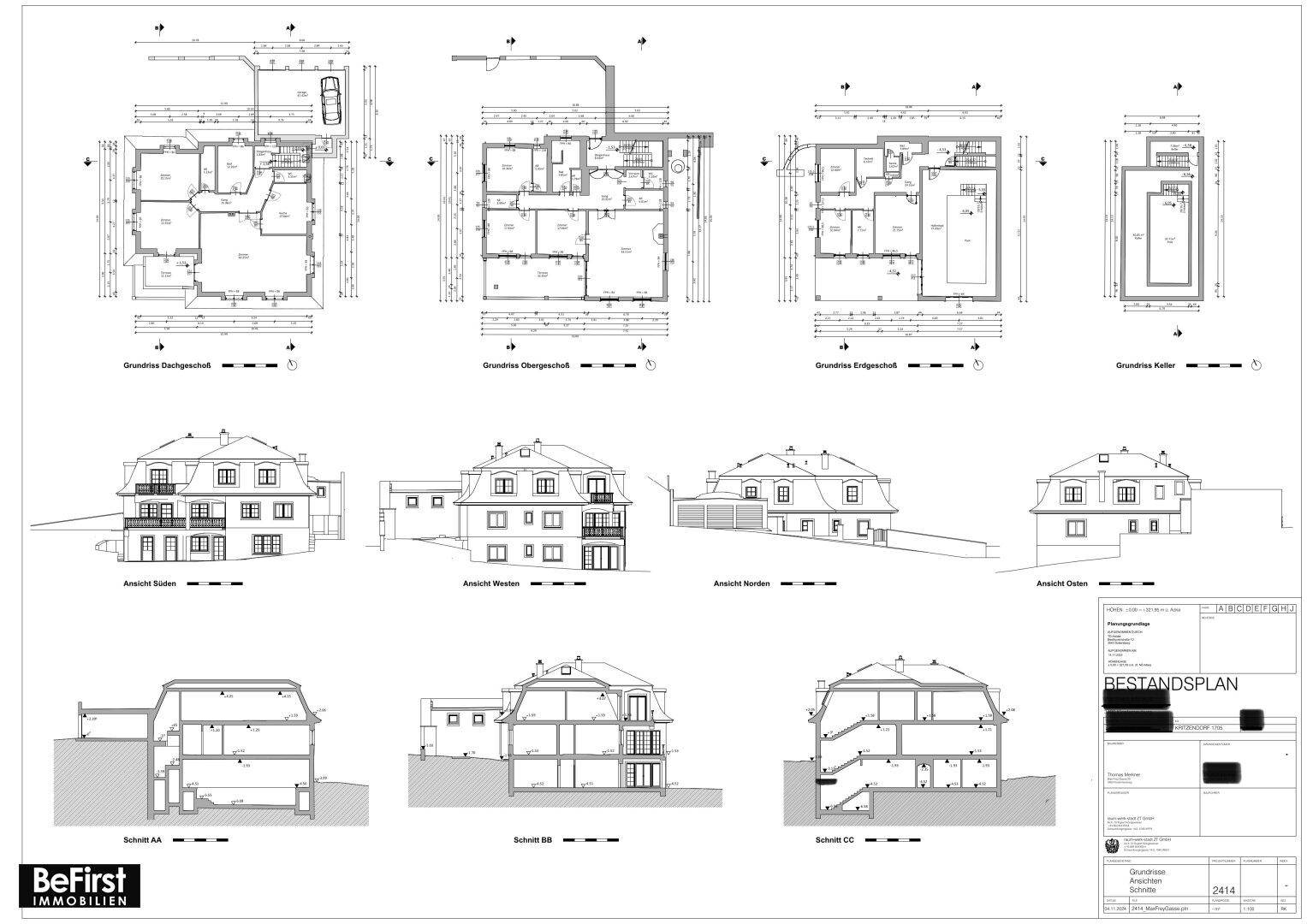 Detaillierte Grundrisse und Ansichten des Gebäudes, zeigen die Raumaufteilung und Architektur.