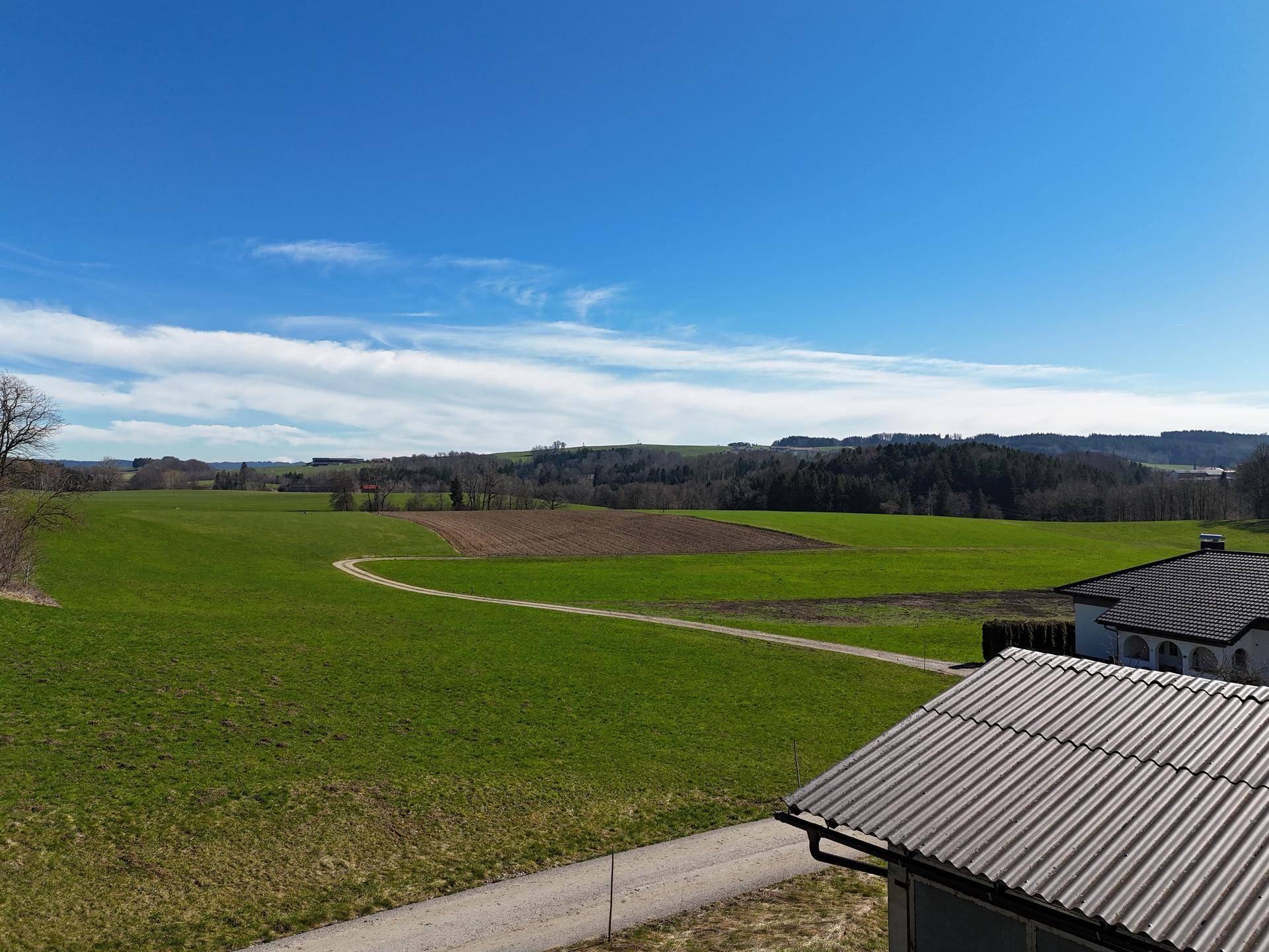Weitläufige grüne Felder unter blauem Himmel mit Blick auf die ländliche Landschaft.