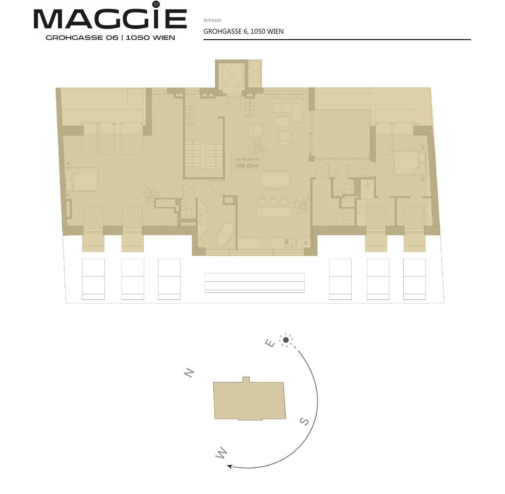 Übersichtlicher Grundriss einer Dachgeschosswohnung mit Ausrichtung und Gesamtfläche.