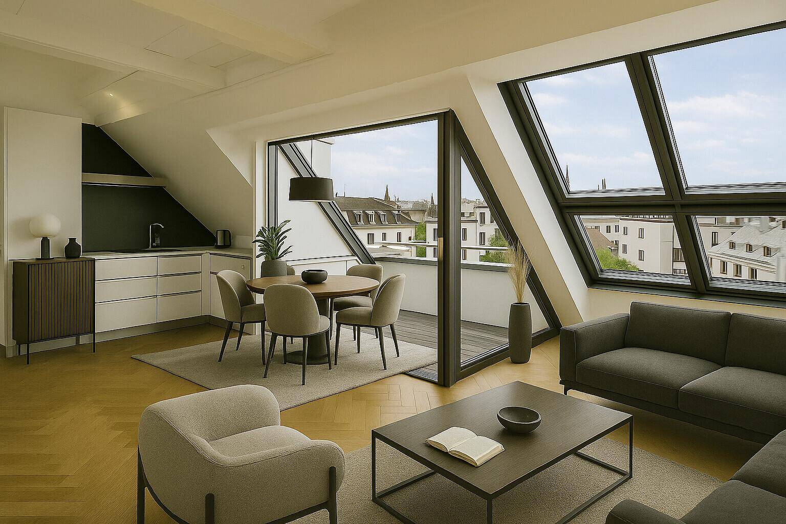 Moderner Wohn-Essbereich mit integrierter Küche, Holzboden und Zugang zur Terrasse.