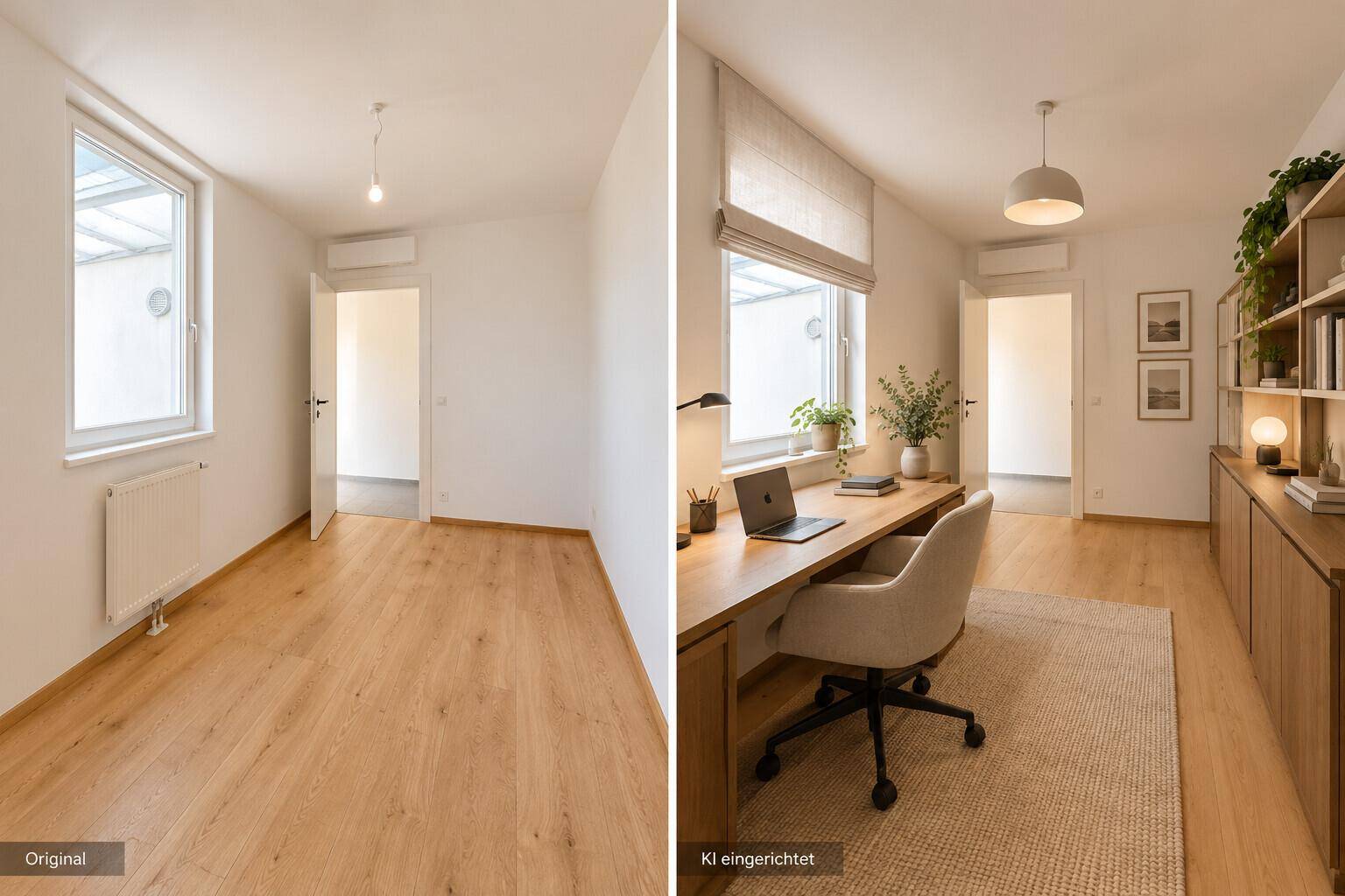 Helles Zimmer, das als modernes Büro mit Holzmöbeln und großem Fenster virtuell eingerichtet wurde.