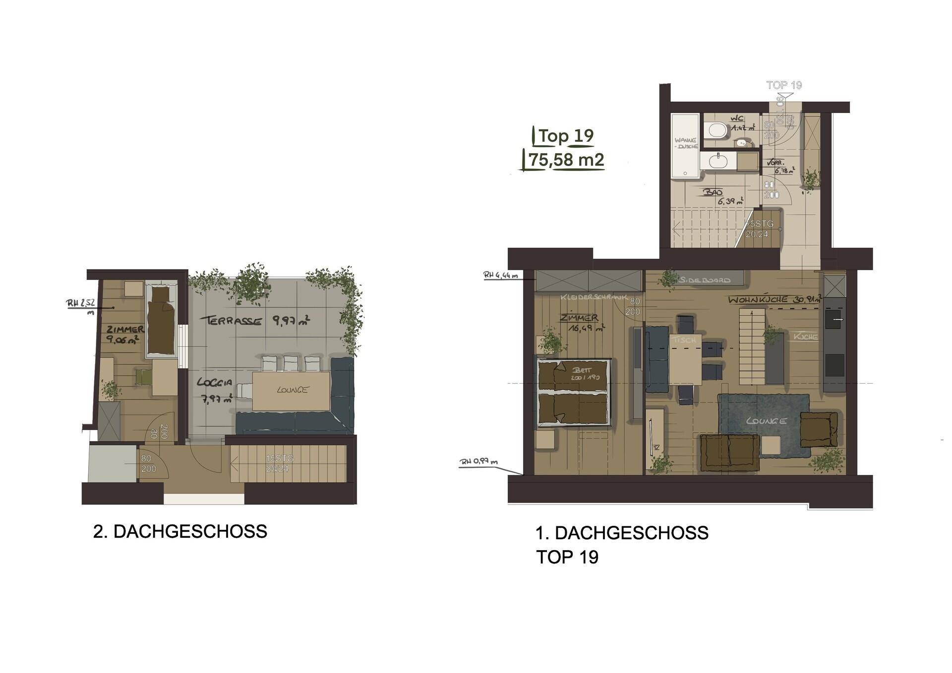 Detaillierter Grundriss der Wohnung Top 19 über zwei Dachgeschosse mit Terrasse und Loggia.