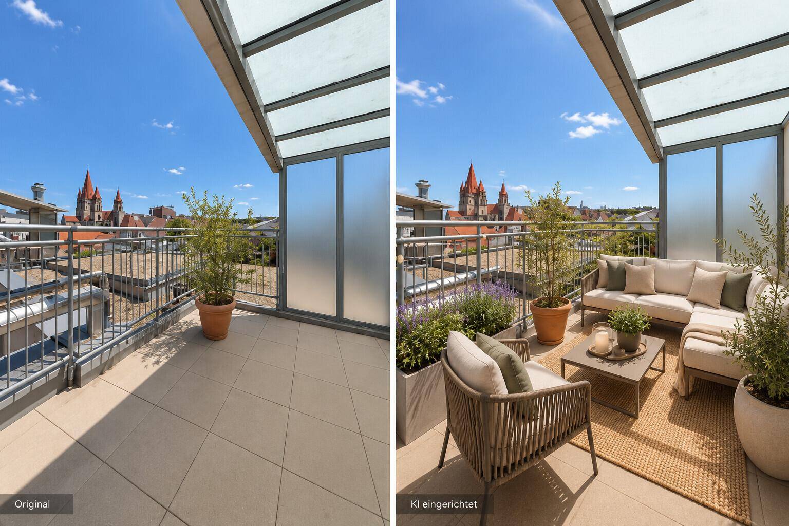 Große Dachterrasse mit Stadtblick und historischer Kirche, einmal leer und einmal möbliert dargestellt.