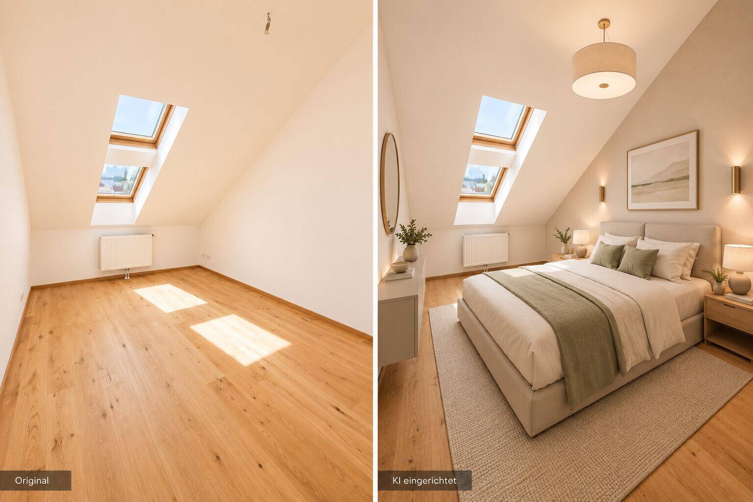 Schlafzimmer unter dem Dach mit Dachfenstern, einmal unmöbliert und einmal als gemütlicher Raum inszeniert.