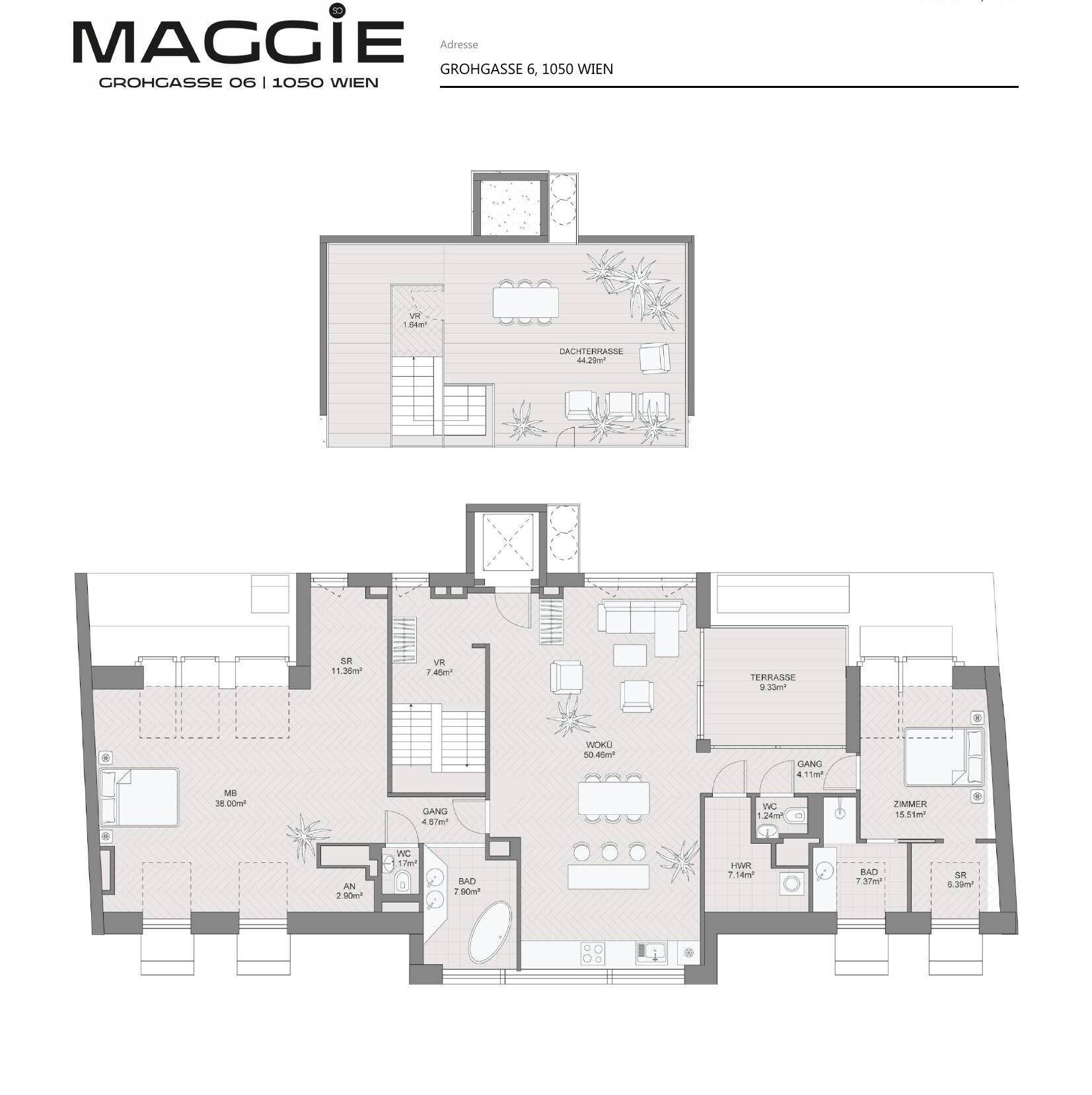 Detaillierter Grundriss einer Dachgeschosswohnung mit Dachterrasse und offenem Wohnbereich.