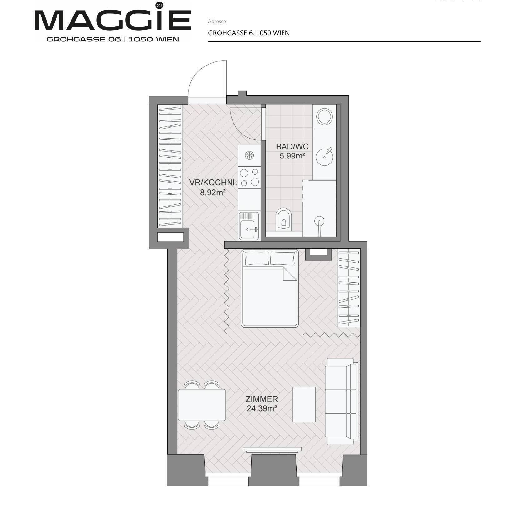 Grundriss einer kleinen Wohnung mit einem Zimmer, Bad/WC und Vorraum/Kochnische.