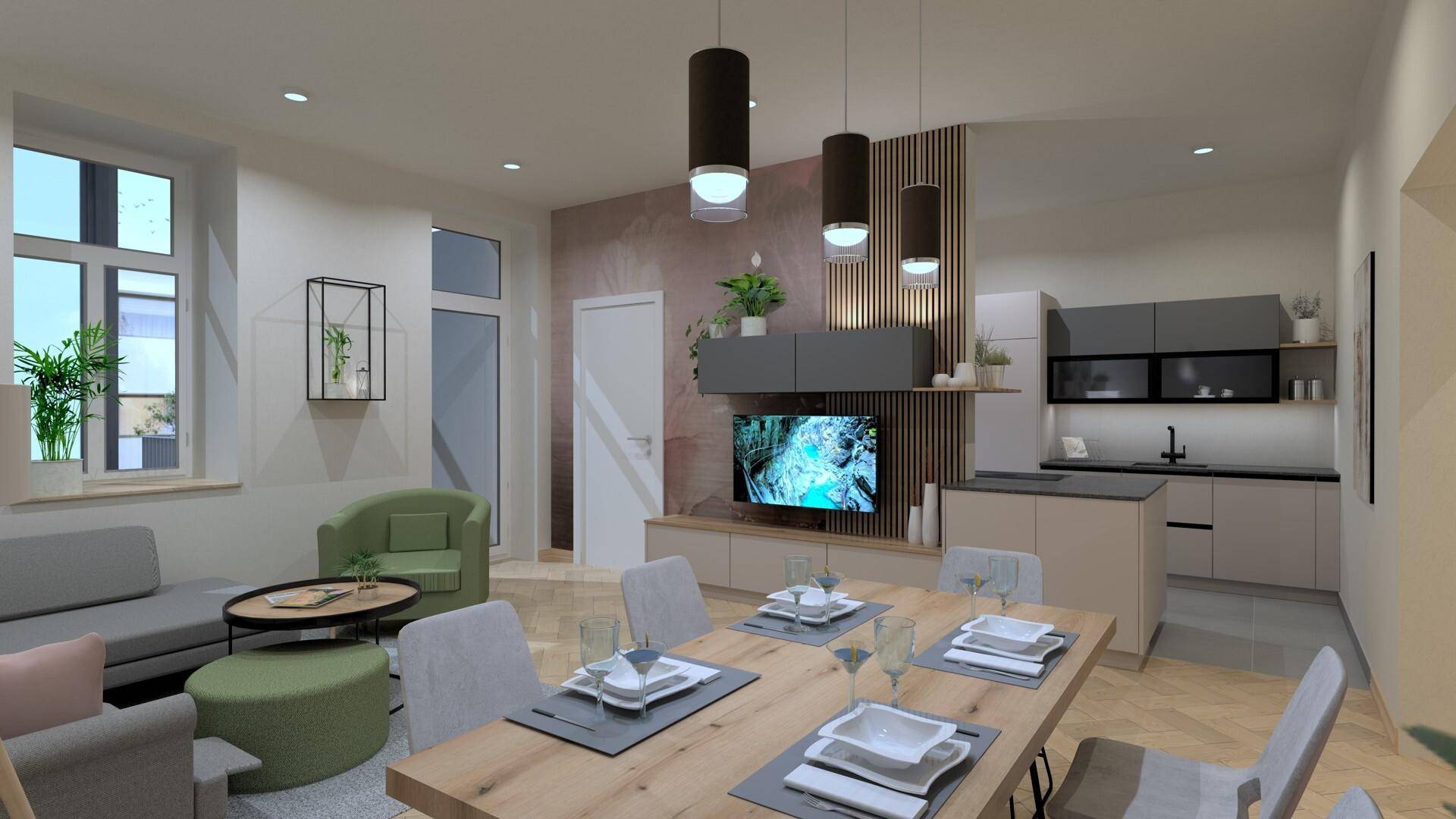 Offener Wohn-Essbereich mit integrierter Küche, Holzboden und modernem Design für geselliges Beisammensein.