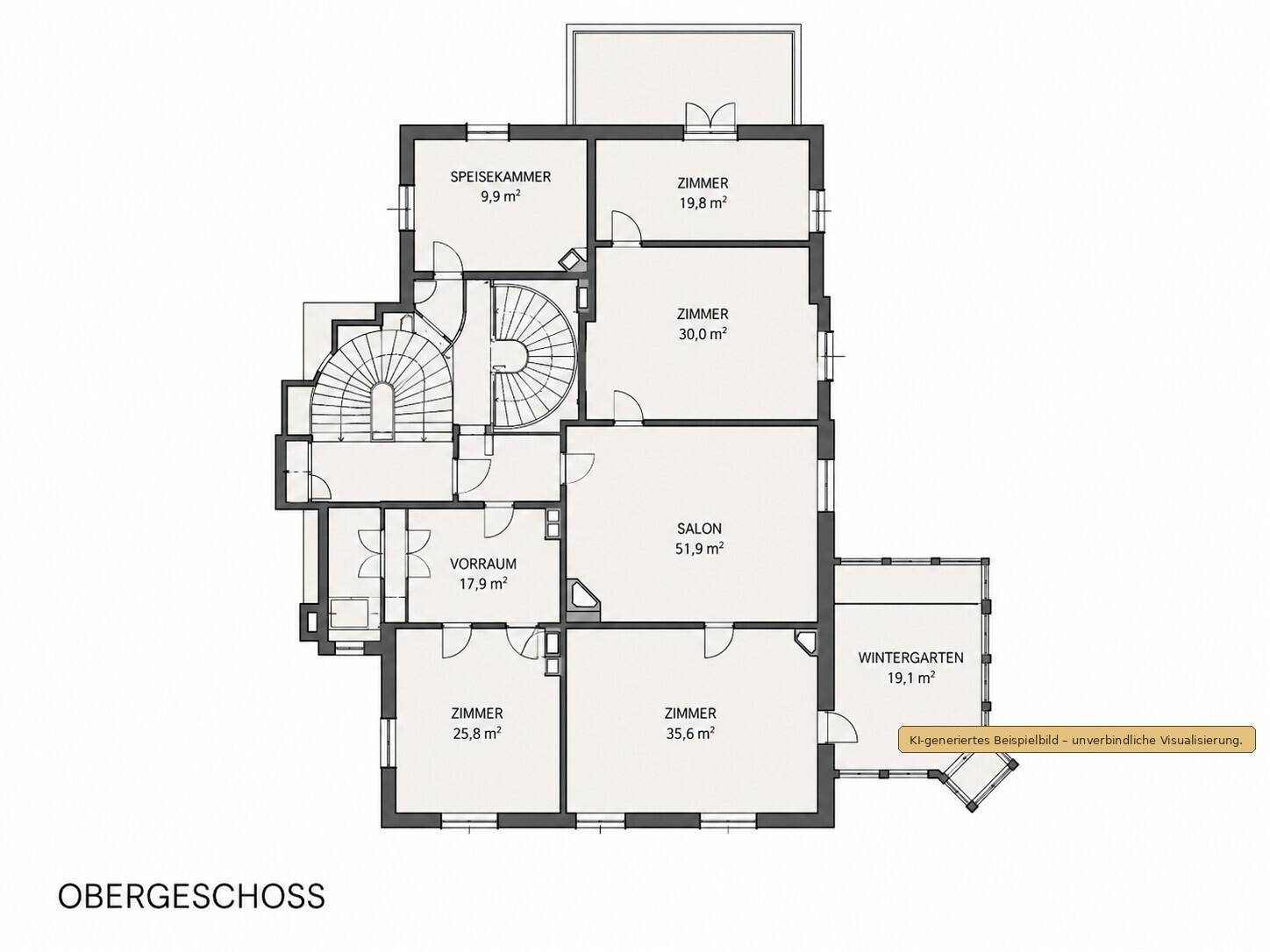 Grundriss des Obergeschosses mit Salon, mehreren Zimmern, Vorraum und Wintergarten.
